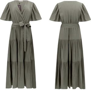 Dusty green midi dress with removable tie belt, R. Vivimos, size Small (4/6)
